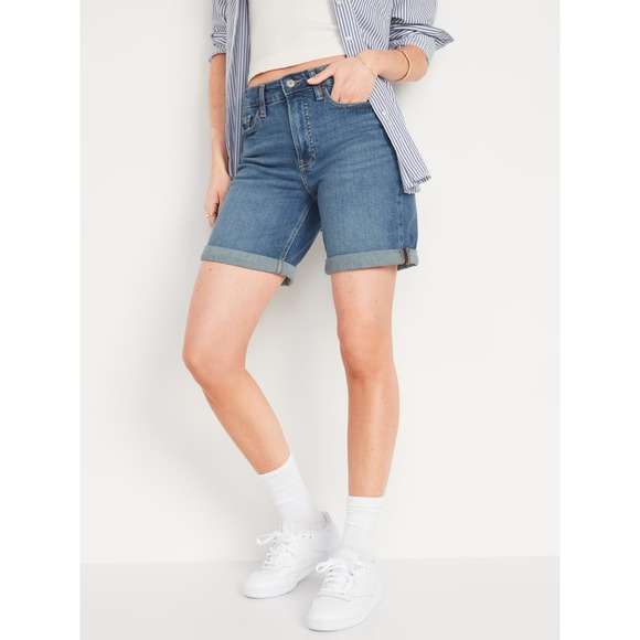Old Navy‎ OG Straight Boyfriend Shorts Women's 0 Blue Denim High-Rise Cuffed - Picture 1 of 9
